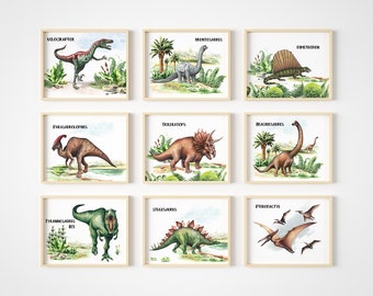Dinosaur Wall Art - Kids Poster and Prints - Bedroom Decor - Boys Room Pictures - Dino Artwork - Set of 9 Art Prints - Unframed