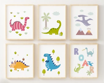Dinosaur Wall Art Prints - Dinosaur Wall Decor - Set of 6 - Boys Room Decor - Nursery Decor - Unframed
