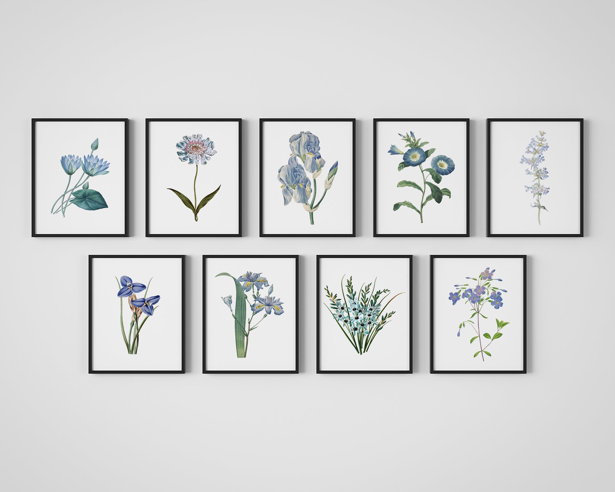 Blue Flower Wall Art Collage Set of 9 Vintage Floral Wall Etsy