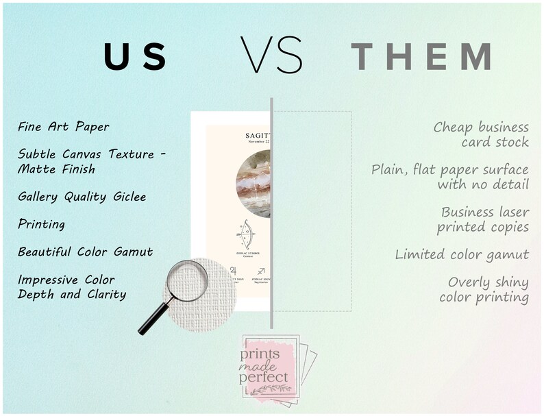 May include: A comparison chart highlighting the differences between fine art prints and cheap business card stock prints. The chart lists the features of each type of print, including paper quality, printing method, color gamut, and overall appearance. The text "US vs THEM" is at the top of the chart.