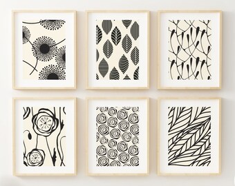 Mid Century Modern Wall Art Prints - Abstract Botanical Leaves - (Set of 6) - Cream Background - Unframed
