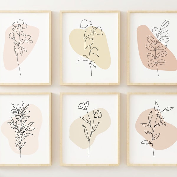 Line Art - Minimalist Decor - Floral Abstract Prints - Earth Tone Art - Neutral Wall Art - Modern Trendy Botanical Prints -Unframed Set of 6