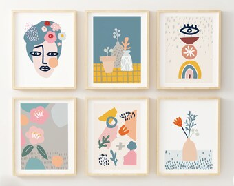 Abstract Wall Art Prints - Set of 6 - Mid Century Modern Wall Decor - Colorful Boho Art Prints- Unframed