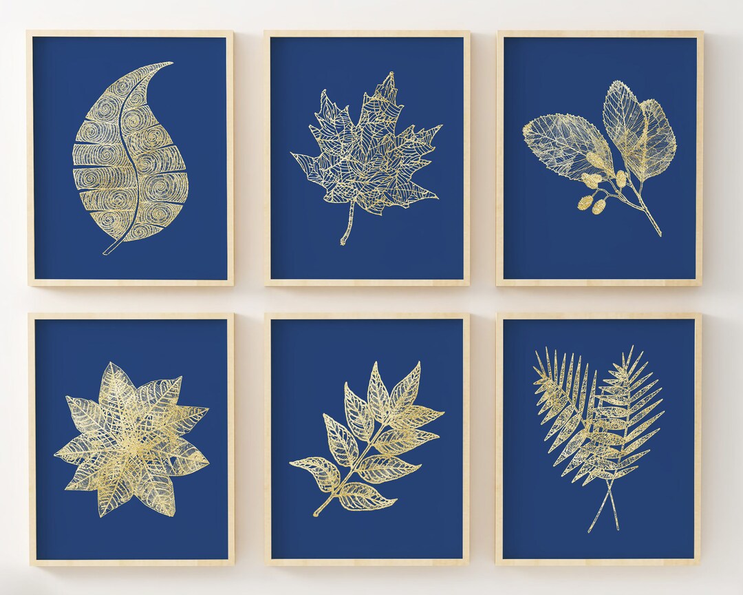 Blue Botanicals Pressed Leaf Wall Art Print - Navy and Gold Decor ...