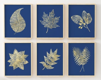 Blue Botanicals Pressed Leaf Wall Art Print - Navy and Gold Decor - Blue Wall Art - Leaves Wall Art - Botanical Wall Art Prints