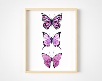 Purple Butterfly Wall Art, Watercolor Butterfly Print, Botanical Insect Decor, Cottage core Nature Art, 11x14 Butterfly Poster, Unframed