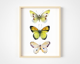 Yellow Butterfly Wall Art – Watercolor Insect Print – Botanical Nature Decor – 11x14 Unframed Poster