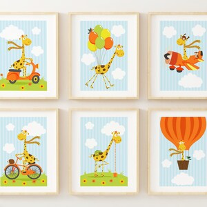 Nursery Wall Art Prints - Giraffe Fun - Set of 6 - Baby Room Wall Decor - Kids Room Wall Art - Gender Neutral Art - Unframed