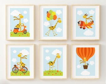 Nursery Wall Art Prints - Giraffe Fun - Set of 6 - Baby Room Wall Decor - Kids Room Wall Art - Gender Neutral Art - Unframed