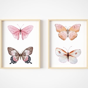 Arte de la pared de mariposas - Decoración de la habitación de las mariposas rosas - Impresiones de arte de acuarela - Ilustraciones de imágenes de póster sin marco - Arte de la pared rosa