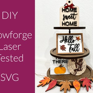 Fall Tiered Tray SVG bundle, mini sign laser cut files, Autumn pumpkin home decor designs, DIY Glowforge leaves banner laser cutter ready,