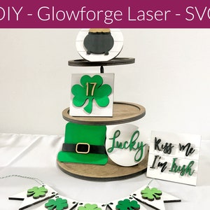 St Patricks Day Tiered Tray SVG bundle, mini lucky sign laser cut files, clover home decor designs, DIY Glowforge, banner laser cutter ready