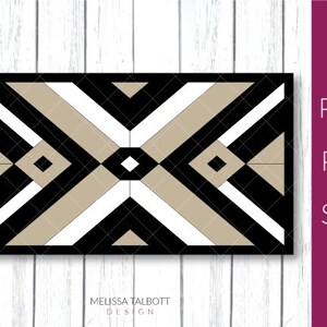 May include: Geometric pattern with black, white, and beige colors. The pattern is symmetrical and has a modern design.