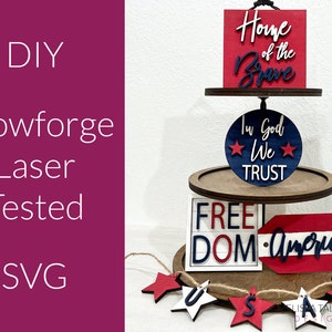 4th of July Tiered Tray SVG bundle, mini sign laser cut files, USA home decor designs, DIY heart Glowforge, star banner laser cutter ready