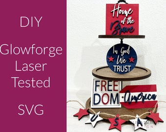 4th of July Tiered Tray SVG bundle, mini sign laser cut files, USA home decor designs, DIY heart Glowforge, star banner laser cutter ready