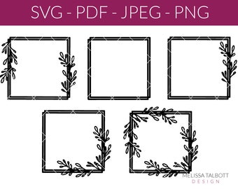 Double square border SVG bundle, overlapping squares template, Diy monogram sign greenery sprig, Glowforge file, Cricut sign making JPG PDF
