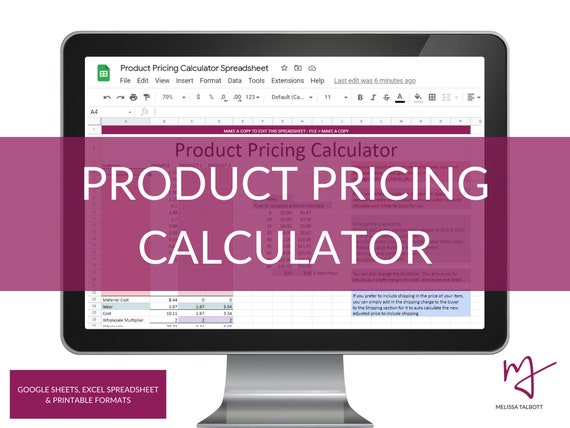Product Pricing Calculator for Google Sheets spreadsheet, Excel compatible listing pricing spreadsheet, Etsy seller tools time saver