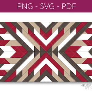 May include: Geometric wall art design featuring a symmetrical pattern of angled shapes in red, brown, beige, and white. The text "PNG - SVG - PDF" is at the top, with "MELISSA TALBOTT DESIGN" at the bottom.