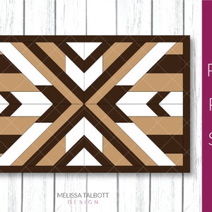 May include: Geometric pattern with brown, tan, and white stripes and arrows. The pattern is symmetrical and creates a modern, abstract design.