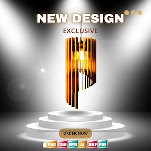 May include: A gold-colored metal pendant light fixture with a geometric design hangs above a white platform. The light fixture is made of thin, vertical strips of metal that are arranged in a spiral pattern. The light fixture is illuminated with a warm, white light. The text "NEW DESIGN... EXCLUSIVE" is displayed above the light fixture. The text "ORDER NOW" is displayed below the light fixture. The text "SVG CDR EPS AI DXF PDF" is displayed below the text "ORDER NOW".
