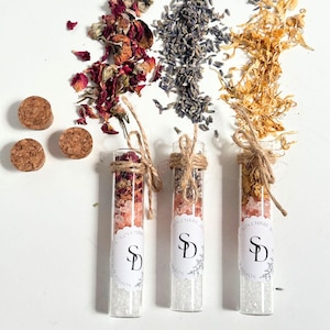 Reagenzglas mit Salz und Trockenblumen für Gäste, Massenreagenzglas, Hochzeitsgeschenk, personalisiertes Geschenk, personalisierte Süßigkeitenbox,