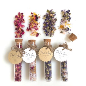 Eprouvette de sel  et fleurs séchées pour invités, tube à essai en vrac, cadeau de mariage, cadeau personnalisé, bonbonnière personnalisée,
