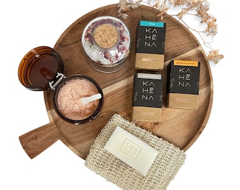 Gift Box:2 Shea Butter Soaps,Monoi Oil Soap,Body Scrub,Epsom and Himalayan Bath Salts,Rose Petals