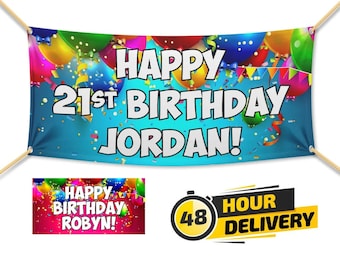 May include: A colorful birthday banner with balloons and confetti. The banner says "Happy 21st Birthday Jordan!"