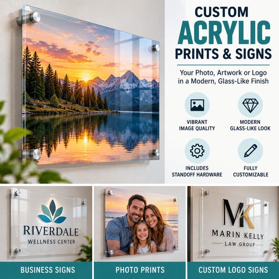 Custom Acrylic Photo Print & Logo Sign, Personalized Acrylic Wall Art, Business Sign, Glass Look Photo Print with Standoff Hardware