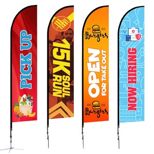 May include: Four different feather flags with various designs. The first flag is red with the text "PICK UP" in blue. The second flag is orange with the text "SOUL RUN 15K" in black. The third flag is orange with the text "OPEN FOR TAKE OUT" in black and the text "Burgers" in white. The fourth flag is blue with the text "NOW HIRING" in red.