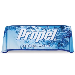 May include: A blue and white table cover with the Propel Fitness Water logo and a water ripple design.