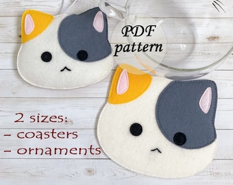 Patrón PDF de Gato Calicó, Posavasos, Adorno, Adorno para Árbol de Navidad, Descarga Instantánea