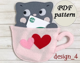 Lindo regalo de gato, tarjetero y soporte para dinero, diseño 4, patrón de costura en PDF, descarga instantánea