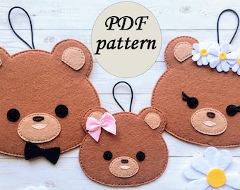 Patrón de costura de la familia de osos PDF, adornos de fieltro, adorno de árbol de Navidad, descarga instantánea