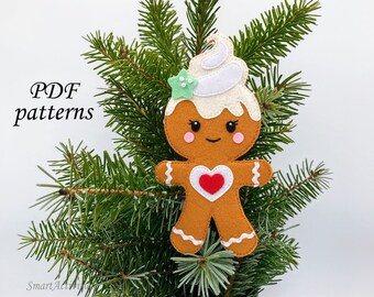 Patrón de costura en PDF de remolino de helado de jengibre, adorno de fieltro, adorno para árbol de Navidad, descarga instantánea