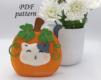 Patrón de costura de calabaza de fieltro en PDF, calabaza con gato, lindo gato, figura de pie, adorno, descarga instantánea