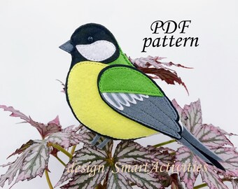 Patrón de costura de carbonero (PDF), pájaro de jardín, adornos para árbol de Navidad, herrerillo de fieltro, descarga instantánea