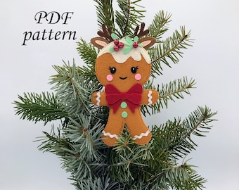 Patrón PDF de costura de ciervo de jengibre, adorno de fieltro, adorno para árbol de Navidad, descarga instantánea