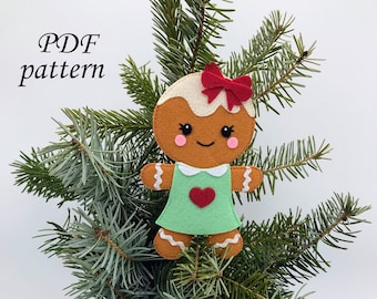 Patrón de costura en PDF de niña de jengibre, adorno de fieltro para árbol de Navidad, descarga instantánea