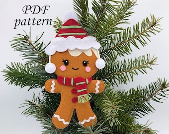 Patrón PDF de costura de hombre de jengibre de invierno, adorno de fieltro, adorno de árbol de Navidad, descarga instantánea