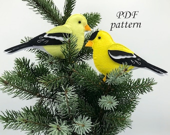 Patrón de pájaro jilguero PDF, pájaro de fieltro, adorno, topper, decoración del árbol de Navidad, descarga instantánea