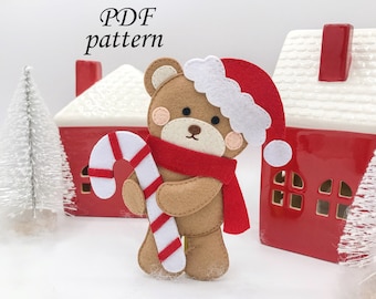 Patrón de costura de oso de peluche PDF, oso de fieltro, adorno de oso, juguete, decoración del árbol de Navidad, descarga instantánea