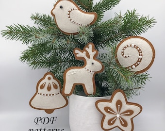 Patrón de costura de galletas de jengibre PDF, estrella, campana, pájaro, ciervo, bola, adorno, juguete, decoración del árbol de Navidad, descarga instantánea