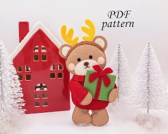 Patrón de costura de osito de peluche en PDF, osito de fieltro, adorno de osito, juguete, decoración para árbol de Navidad, descarga instantánea