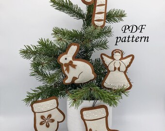 Patrón de costura de galletas de jengibre en formato PDF, calcetín, ángel, manopla, bastón de caramelo, conejito, adorno, juguete, decoración para árbol de Navidad, descarga instantánea