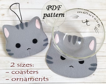 Tabby Cat PDF Patrón de costura, Posavasos, Gato de fieltro, Adorno, Adorno de árbol de Navidad, Descarga instantánea