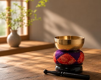 Japanese Orin Bell Set, Buddhist Singing Bowl With Pillow & Wooden