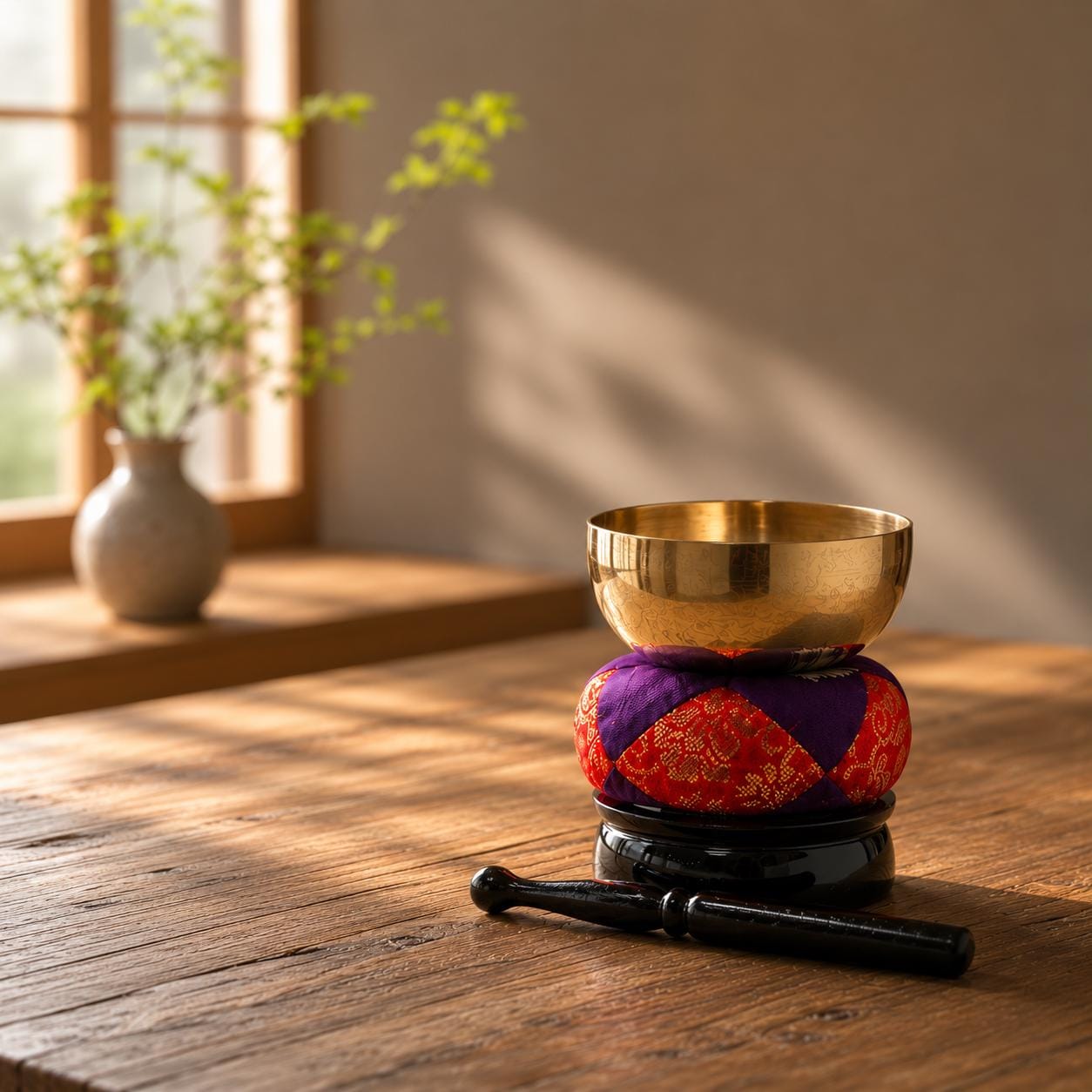 Japanese Orin Bell Set, Buddhist Singing Bowl With Pillow & Wooden