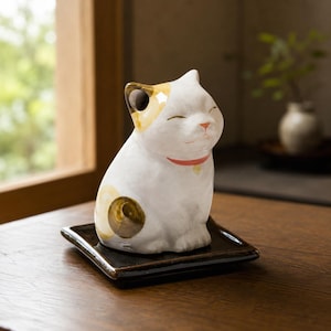 以下が含まれることがあります： 茶色と黄色の三毛模様が入った白い陶器製の猫の置物。赤い首輪に小さな黄色い鈴が付いています。猫は目を閉じて微笑んでいるような表情をしており、正方形の濃い茶色の陶器製の皿の上に置かれています。