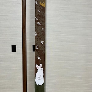 100％ Linen Rabbit Moon Hand painted Long and Narrow Japanese art Modern tapestry Japan Kawaii 10×170cm Wall hanging,Japanese hanging,02